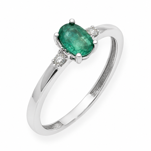 Anillo Victoria en Oro Blanco 18k con Diamantes y Esmeralda