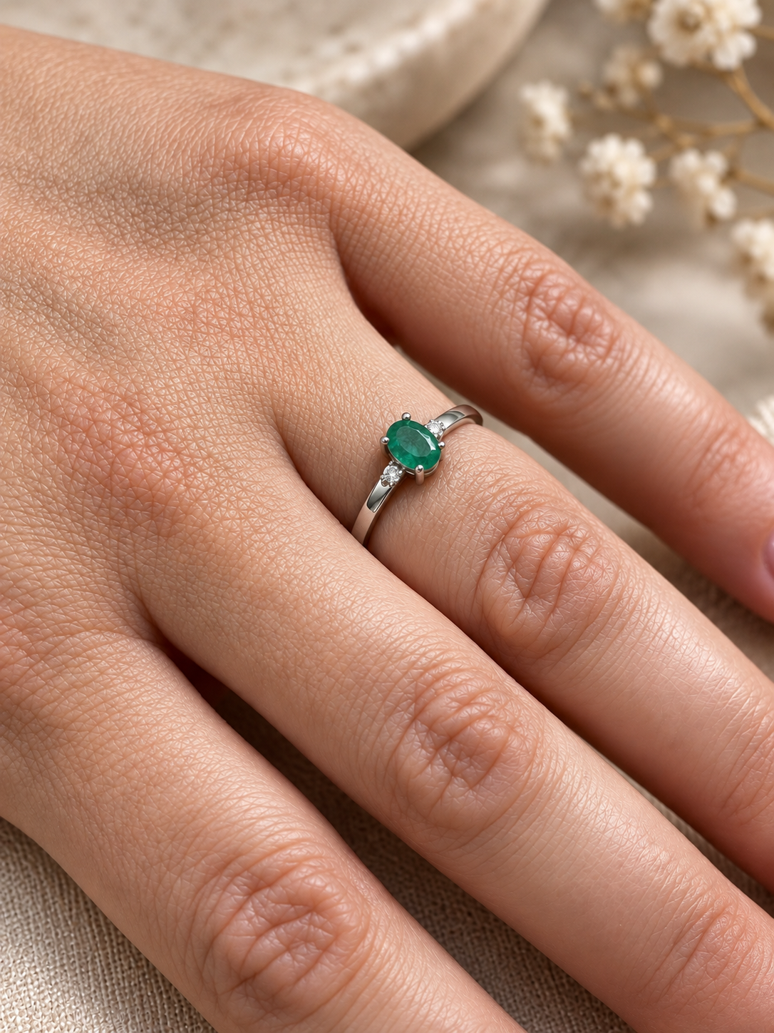 Anillo Victoria en Oro Blanco 18k con Diamantes y Esmeralda