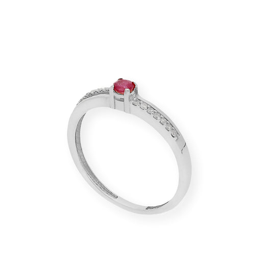 Anillo Corona en Oro Blanco 18K con Diamantes y Rubí