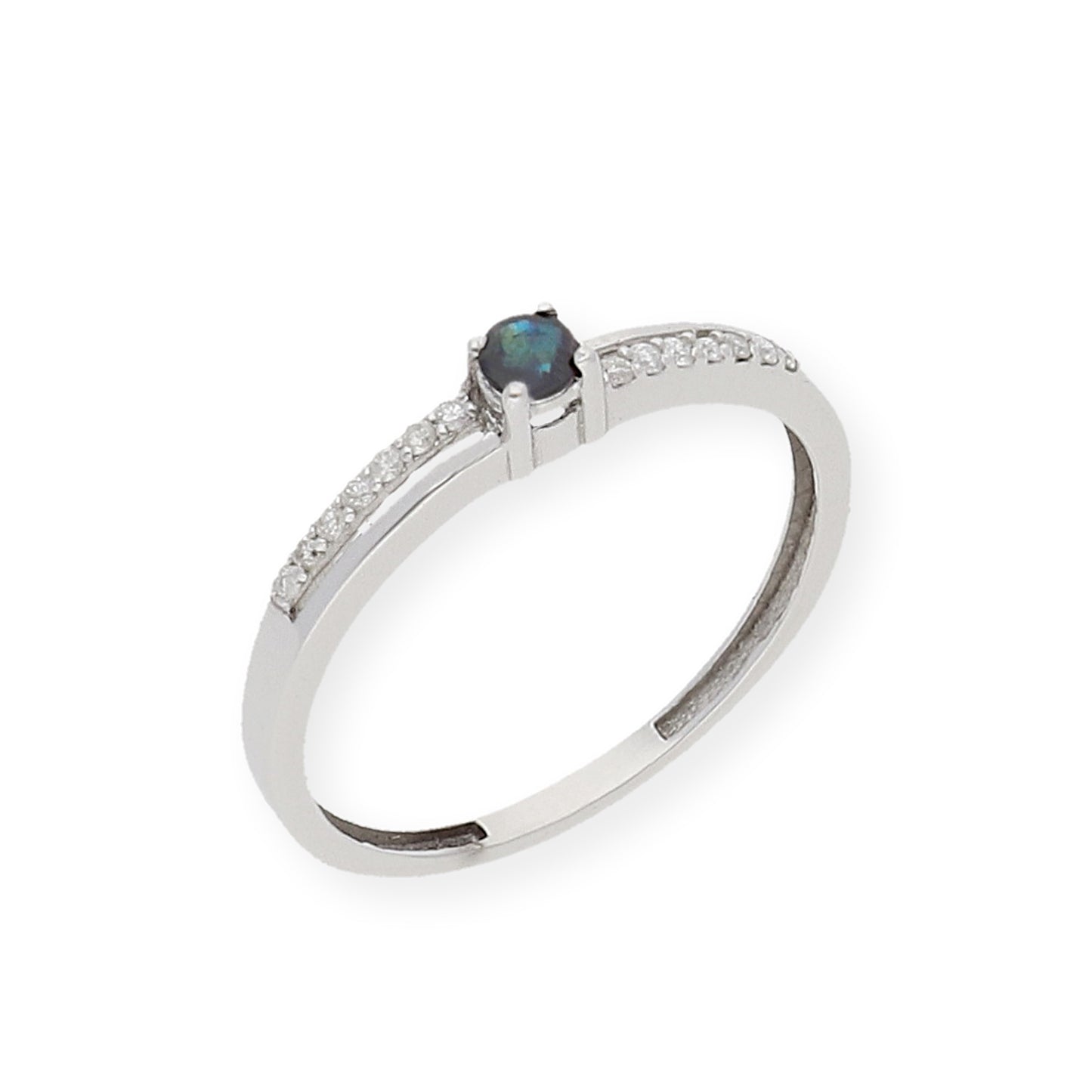 Anillo Corona en Oro Blanco 18K con Diamantes y Zafiro