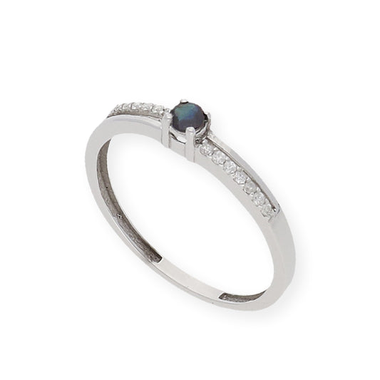 Anillo Corona en Oro Blanco 18K con Diamantes y Zafiro