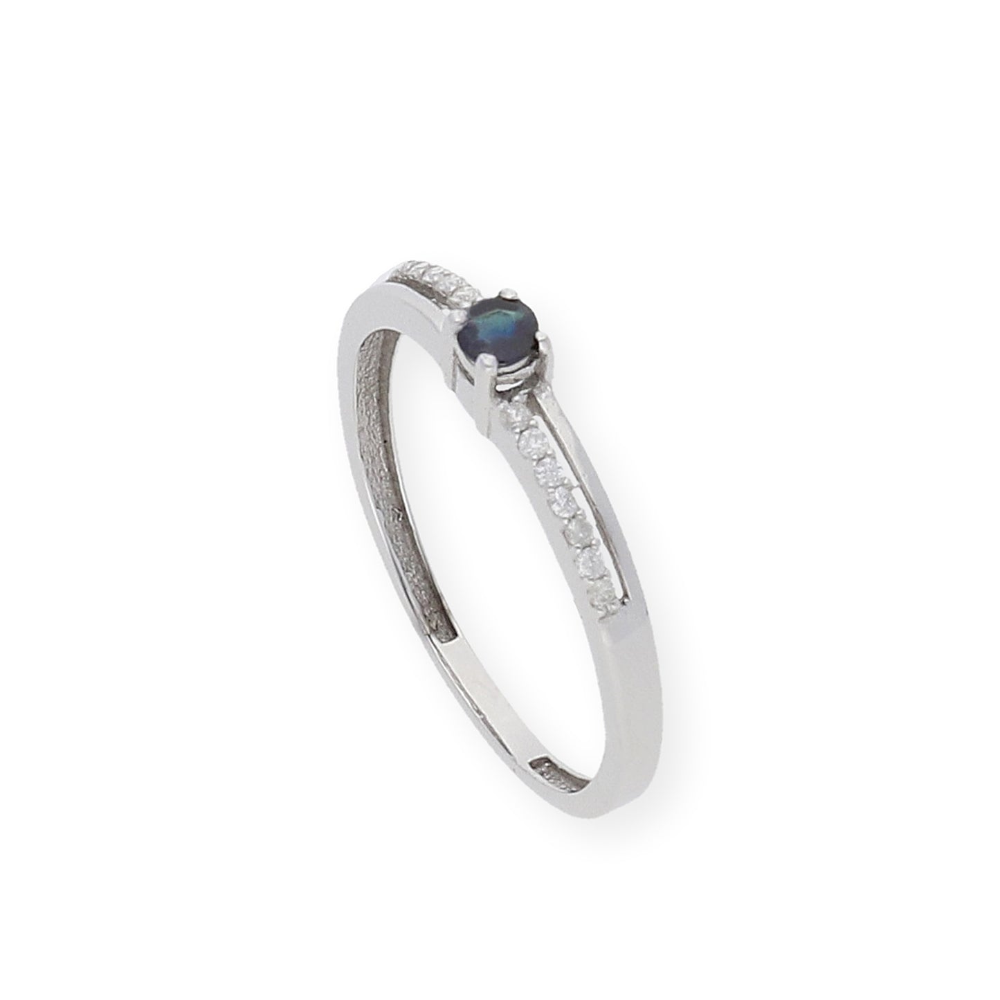 Anillo Corona en Oro Blanco 18K con Diamantes y Zafiro