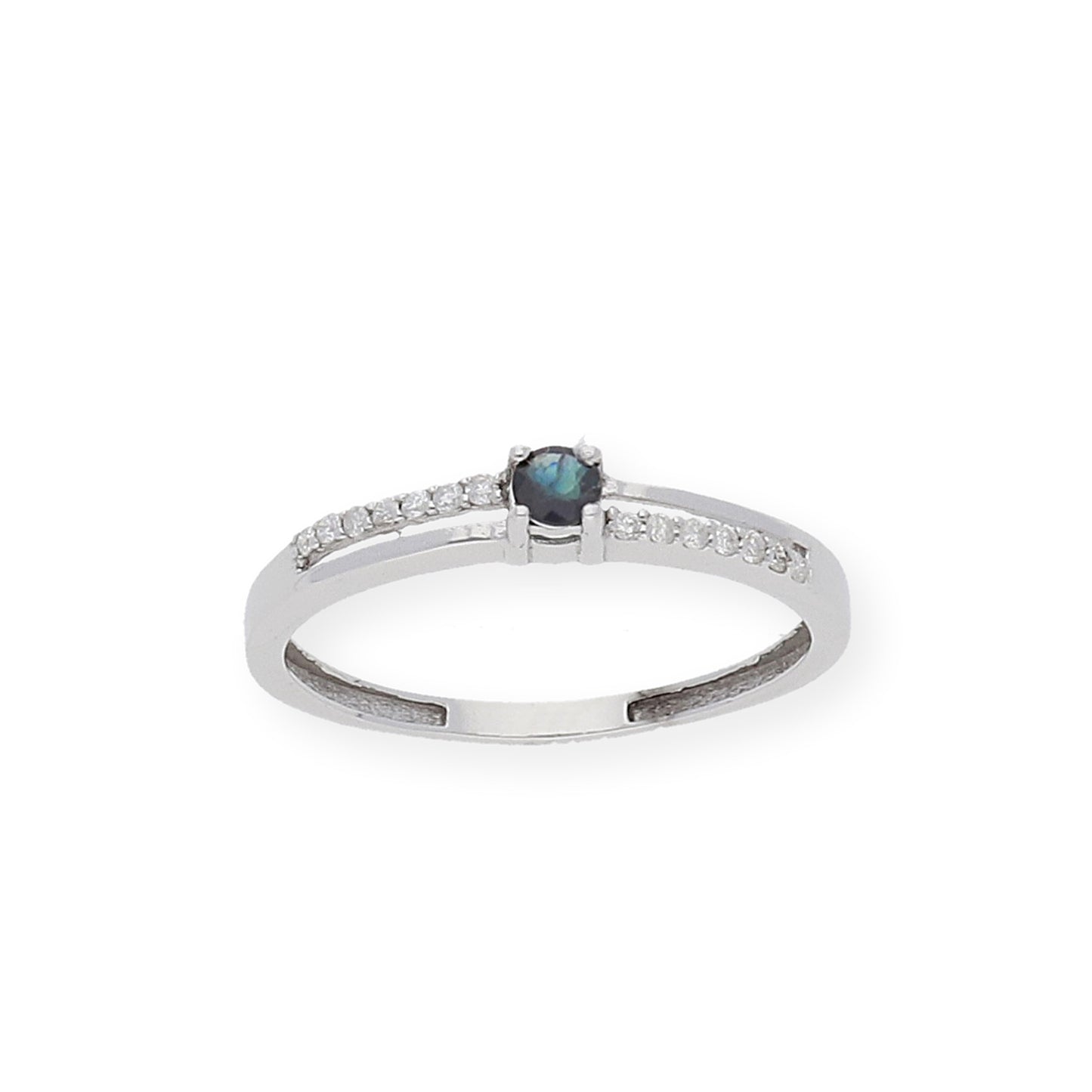 Anillo Corona en Oro Blanco 18K con Diamantes y Zafiro