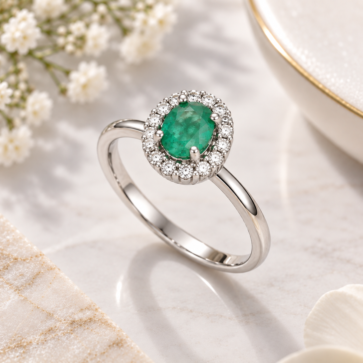 Anillo Lady en Oro Blanco 18k con Diamantes y Esmeralda