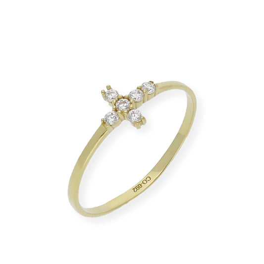 Anillo Cruz pequeña en Oro 18k y Circonitas