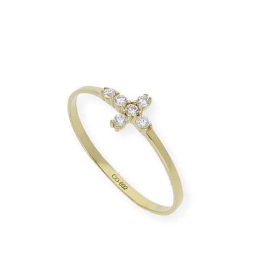Anillo Cruz pequeña en Oro 18k y Circonitas