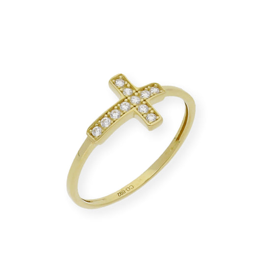 Anillo Cruz Grande en Oro 18k y Circonitas