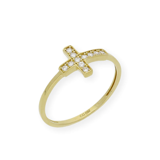 Anillo Cruz Grande en Oro 18k y Circonitas