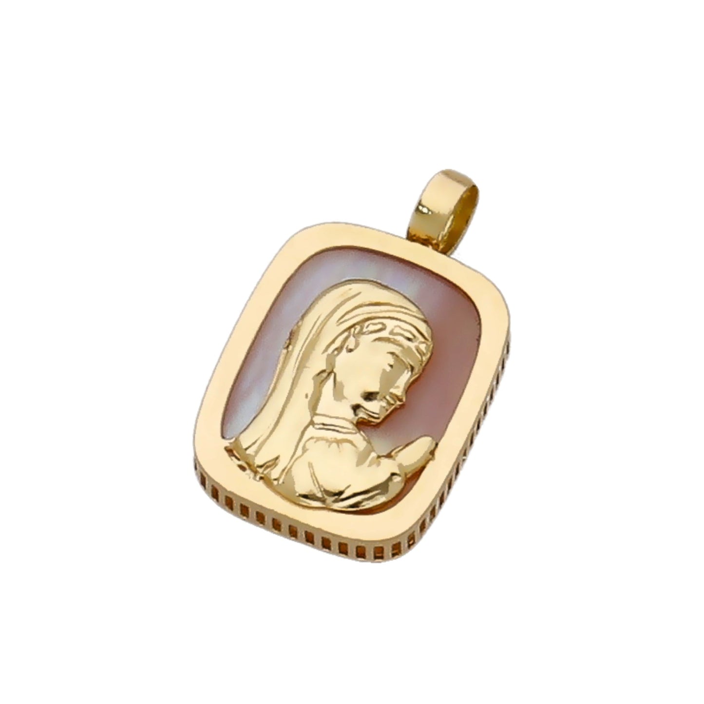 Medalla Virgen Niña Primera Comunión de Oro 18K y Nácar Rosa