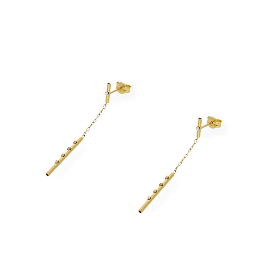 Pendientes largo barras y cadena y circonitas Oro 18k