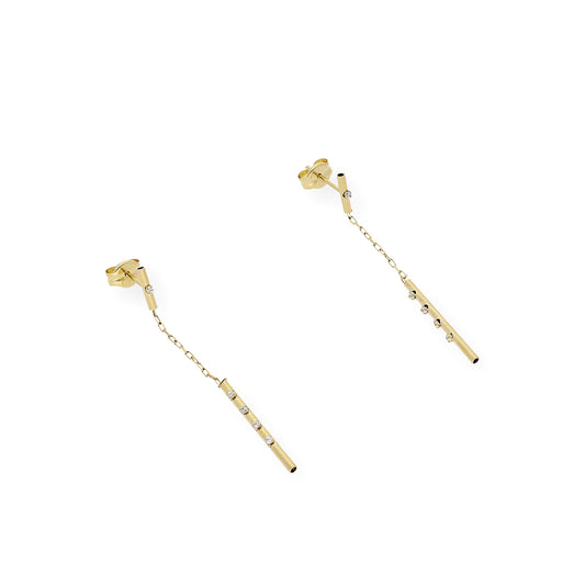 Pendientes largo barras y cadena y circonitas Oro 18k