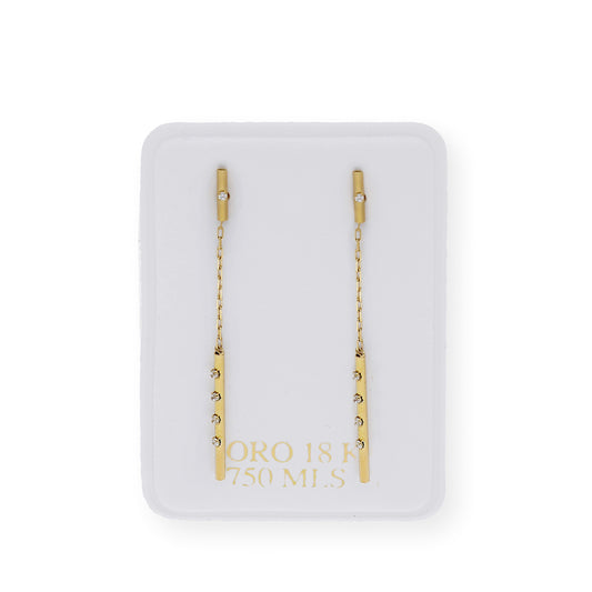 Pendientes largo barras y cadena y circonitas Oro 18k