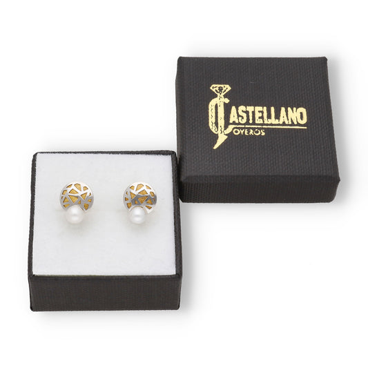 Pendientes Alhaja en Oro Bicolor de 18K con Mosaico y Perla