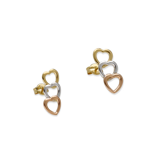 Pendientes Corazones Tricolor en Oro 18K