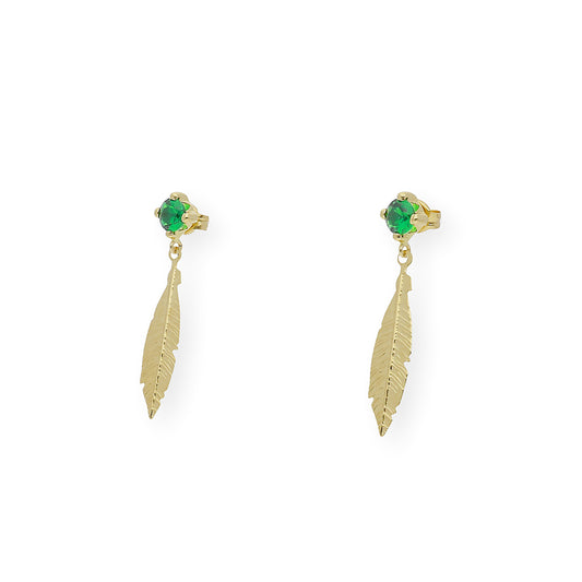 Pendientes Esmeralda sintética  y pluma Oro 18k