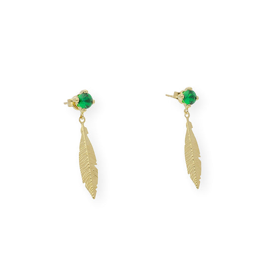 Pendientes Esmeralda sintética  y pluma Oro 18k