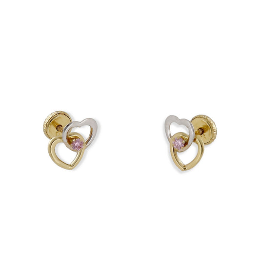 Pendientes Bebé Corazones en Oro 18K Bicolor con Circonita Rosa