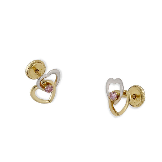 Pendientes Bebé Corazones en Oro 18K Bicolor con Circonita Rosa