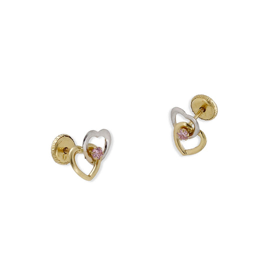 Pendientes Bebé Corazones en Oro 18K Bicolor con Circonita Rosa