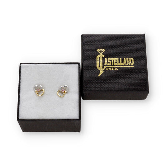 Pendientes Bebé Corazones en Oro 18K Bicolor con Circonita Rosa