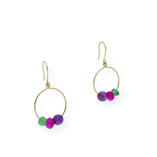 Pendientes Aro con Amatistas, Rubíes y Esmeraldas en Oro 18k