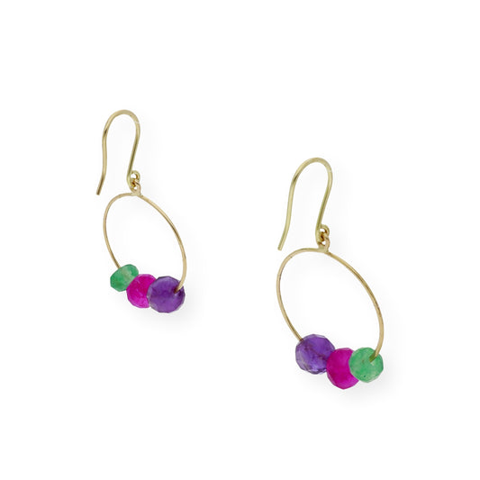 Pendientes Aro con Amatistas, Rubíes y Esmeraldas en Oro 18k