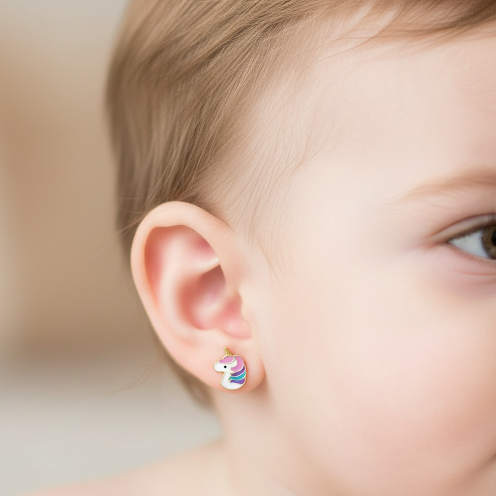 Pendientes Bebé Unicornio Esmaltado de Oro 18K