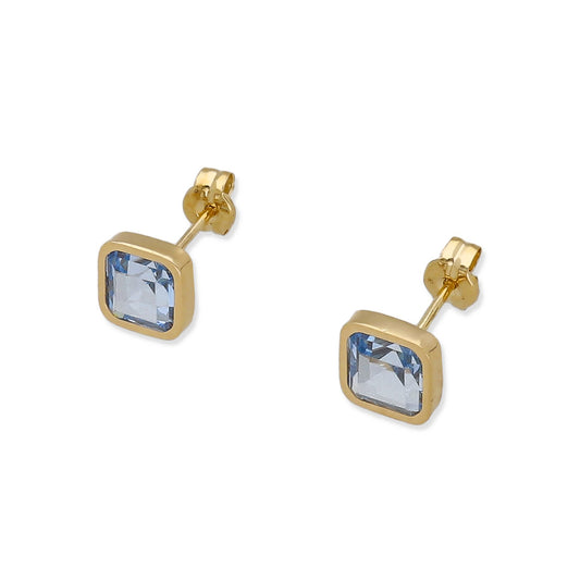 Pendientes de Botón Cuadrado en Oro de Ley 18K con Aguamarina
