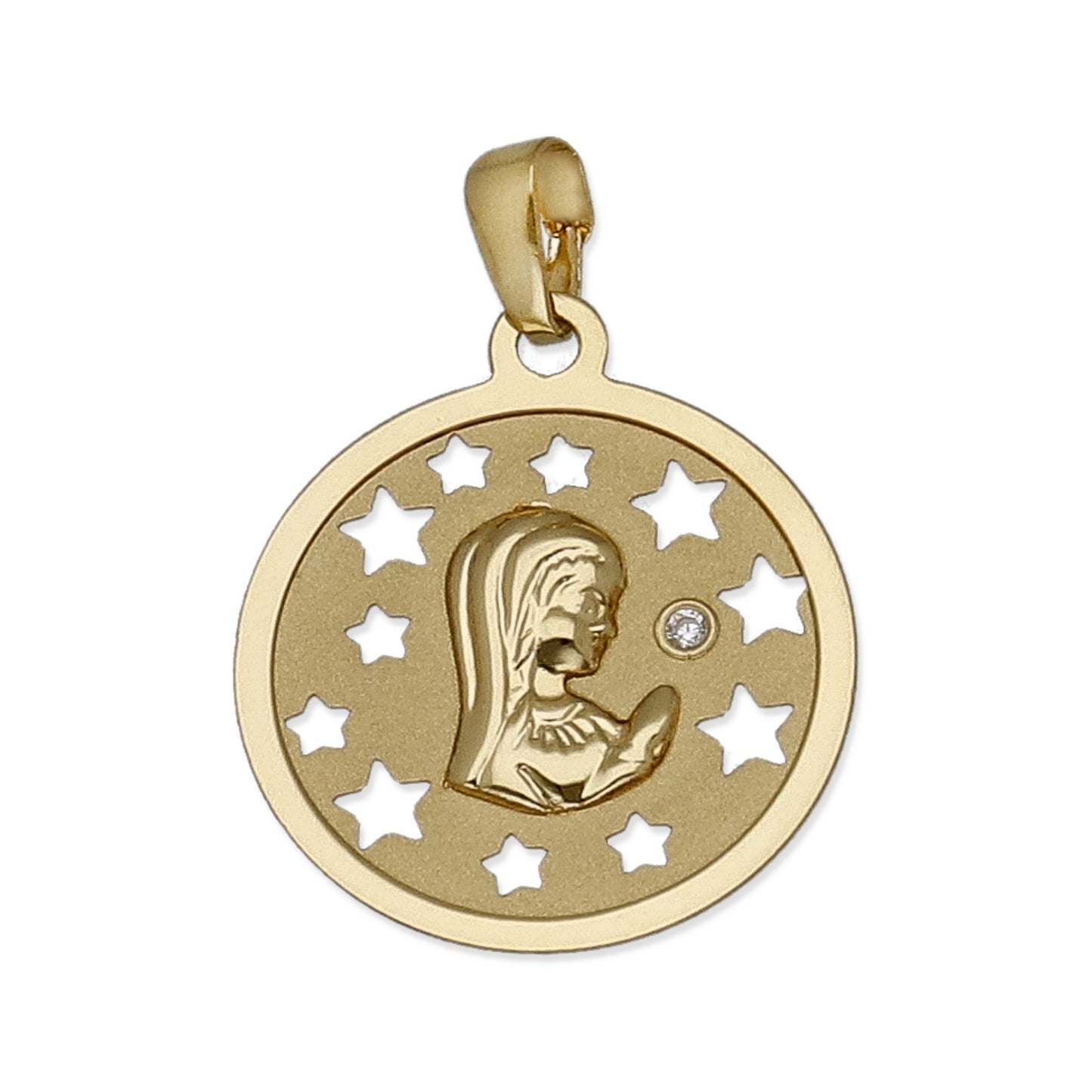 Medalla Virgen NIña en Oro 18K Pequeña con Circonita y Estrellas Caladas