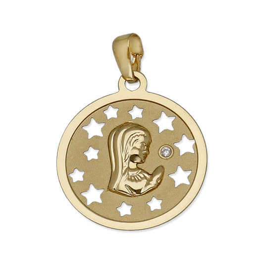 Medalla Virgen NIña en Oro 18K Pequeña con Circonita y Estrellas Caladas