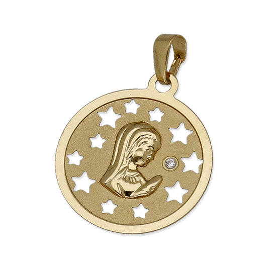 Medalla Virgen NIña en Oro 18K Pequeña con Circonita y Estrellas Caladas