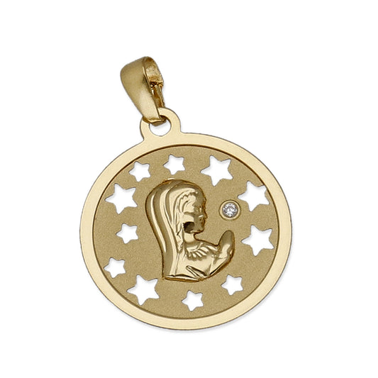 Medalla Virgen NIña en Oro 18K Pequeña con Circonita y Estrellas Caladas