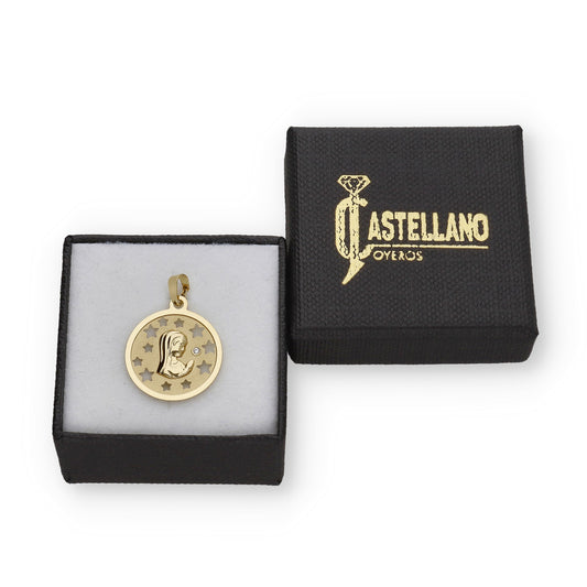 Medalla Virgen NIña en Oro 18K Pequeña con Circonita y Estrellas Caladas