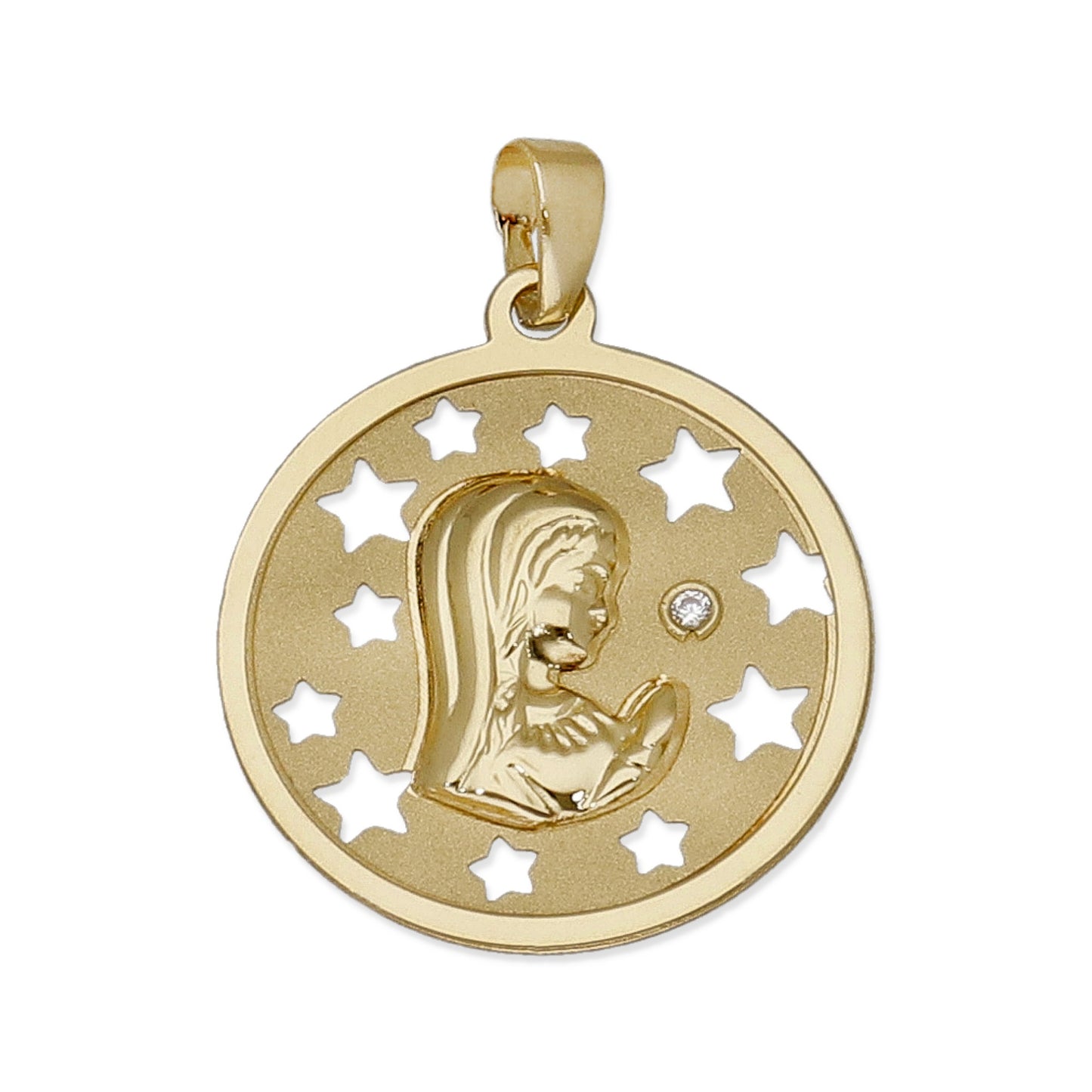 Medalla Virgen NIña en Oro 18K con Circonita y Estrellas Caladas