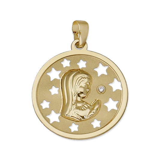 Medalla Virgen NIña en Oro 18K con Circonita y Estrellas Caladas
