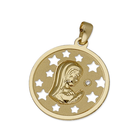 Medalla Virgen NIña en Oro 18K con Circonita y Estrellas Caladas