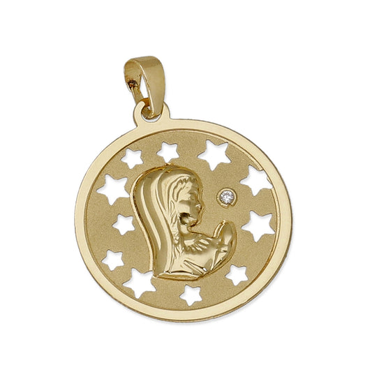 Medalla Virgen NIña en Oro 18K con Circonita y Estrellas Caladas