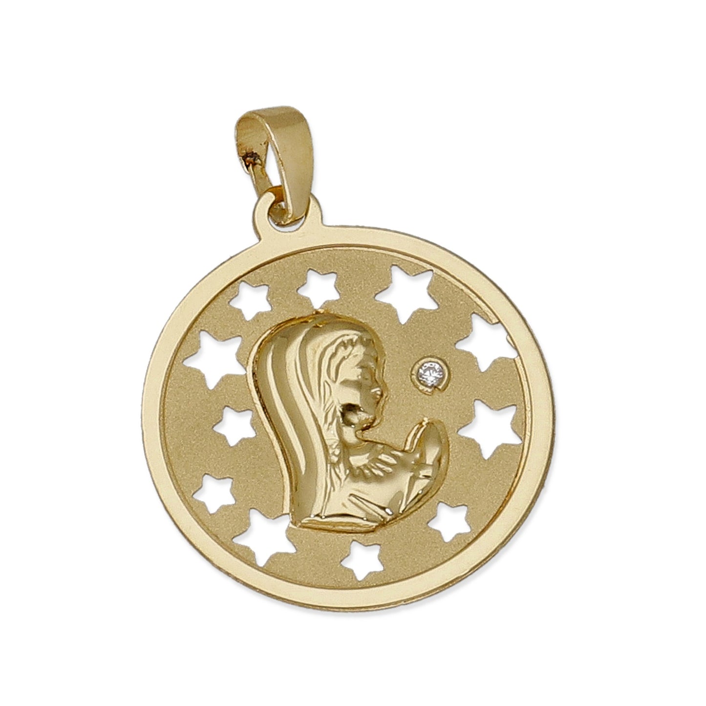 Medalla Virgen NIña en Oro 18K con Circonita y Estrellas Caladas