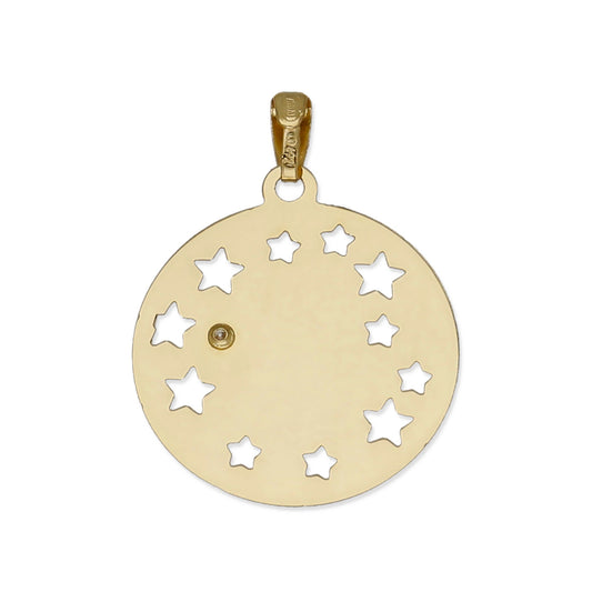 Medalla Virgen NIña en Oro 18K con Circonita y Estrellas Caladas