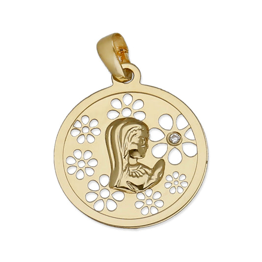 Medalla Virgen NIña en Oro 18K con Circonita y Margaritas Caladas