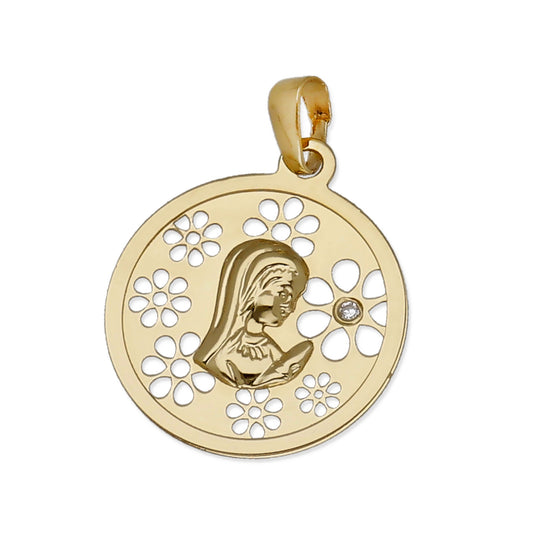 Medalla Virgen NIña en Oro 18K con Circonita y Margaritas Caladas