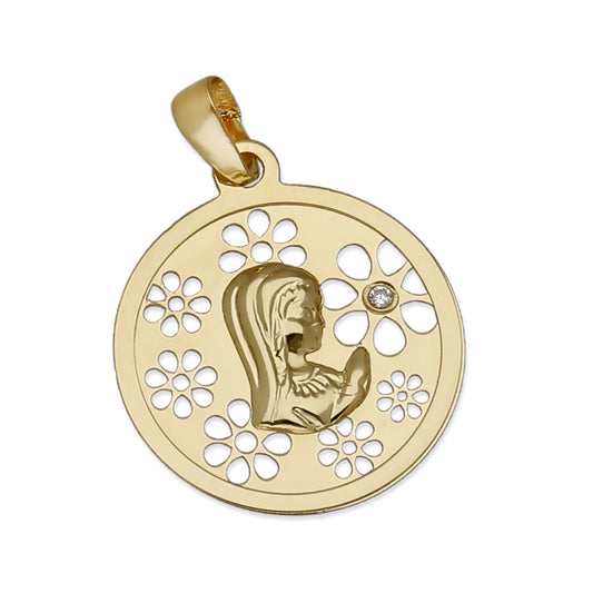 Medalla Virgen NIña en Oro 18K con Circonita y Margaritas Caladas