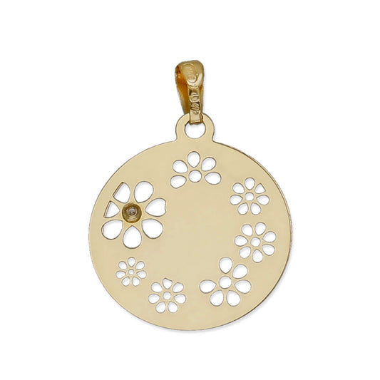 Medalla Virgen NIña en Oro 18K con Circonita y Margaritas Caladas