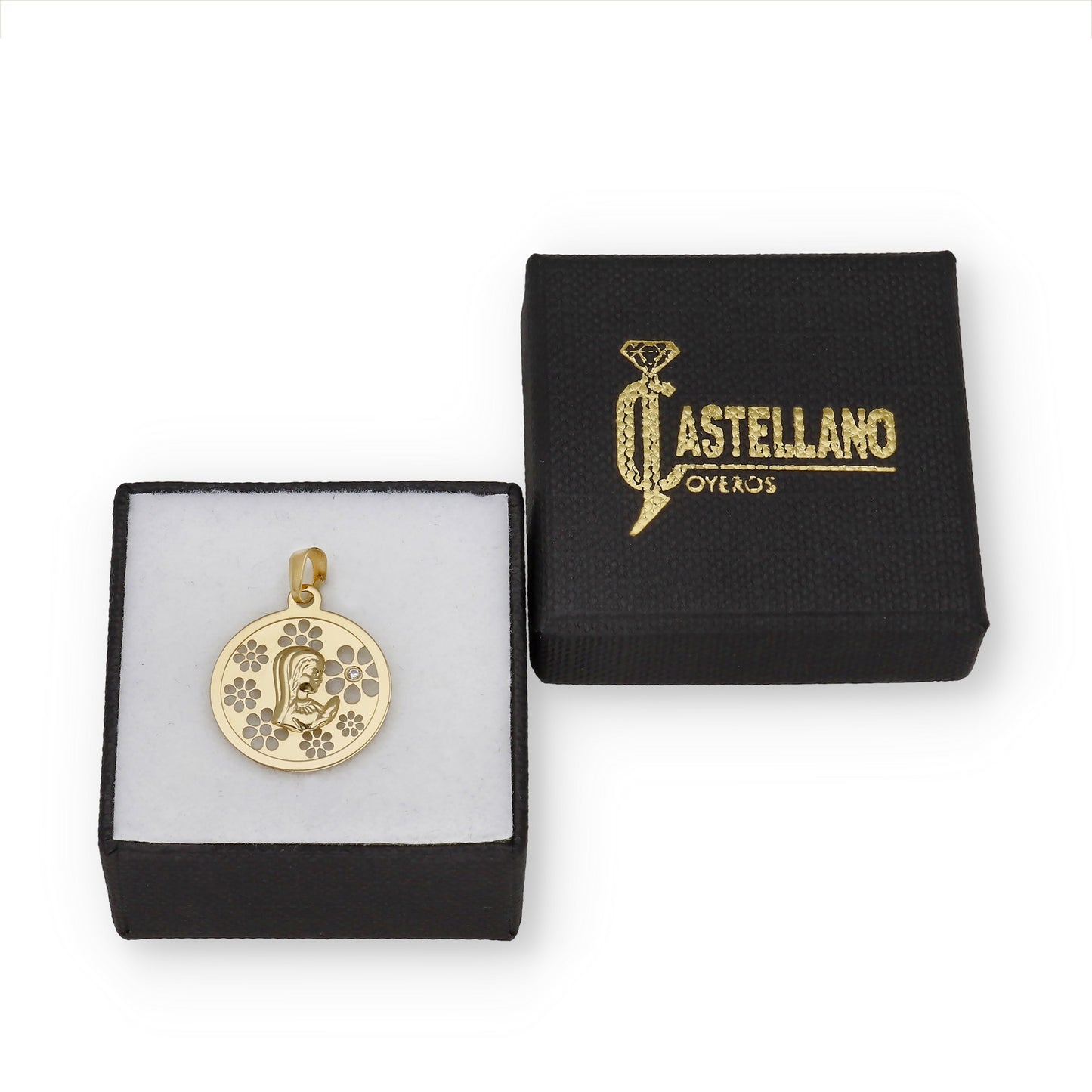 Medalla Virgen NIña en Oro 18K con Circonita y Margaritas Caladas