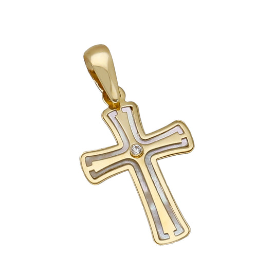 Cruz en Oro 18k y Nácar con Circonita Central Modelo Tristán