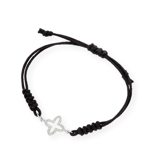 Pulsera Macramé de Oro Blanco de Ley con Diamantes y Diseño de Cruz