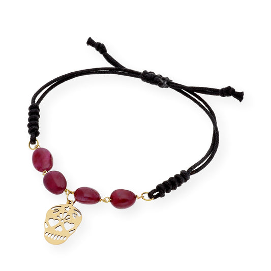 Pulsera Macramé Catrina Mexicana con Rubíes y Oro de Ley 18k