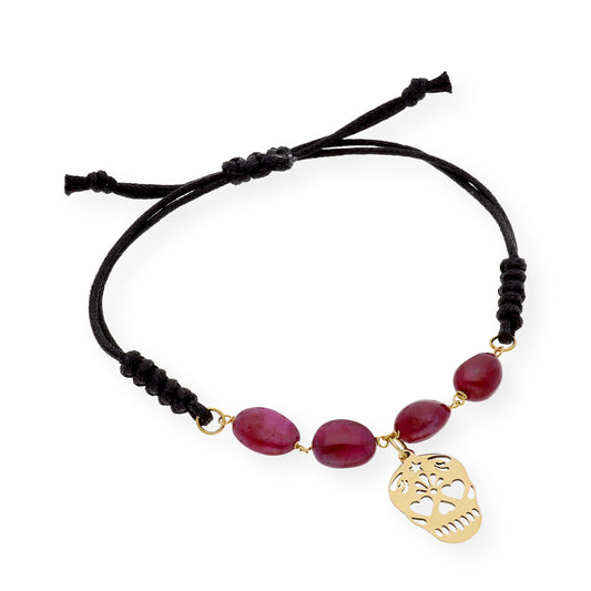 Pulsera Macramé Catrina Mexicana con Rubíes y Oro de Ley 18k