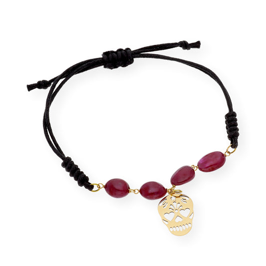 Pulsera Macramé Catrina Mexicana con Rubíes y Oro de Ley 18k