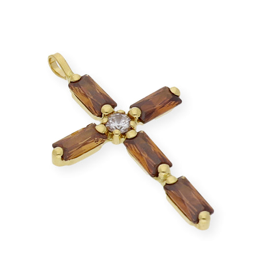 Colgante Cruz con Circonita y Cuarzo Fumé Oro 18K